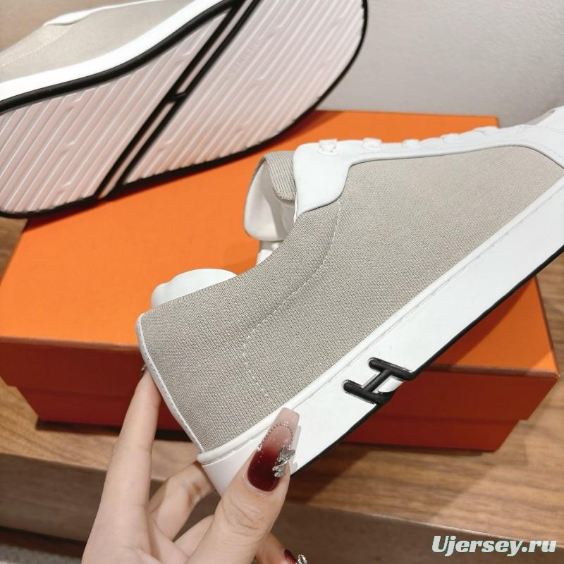 2025 Unisex Hermès White Light Grey Leather Fabric Sneakers AS00380