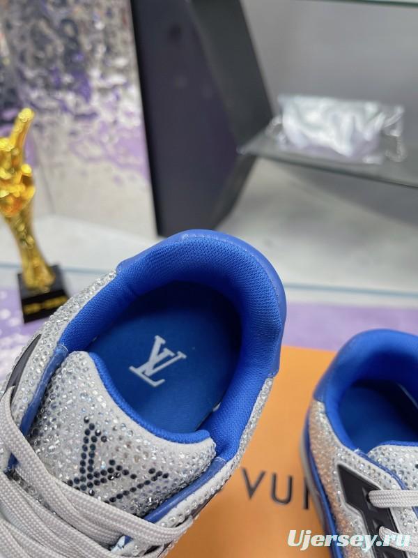 2025 Women Louis Vuitton Blue White Cow Leather Fabric Plimsolls Handcrafted Crystals AS00400