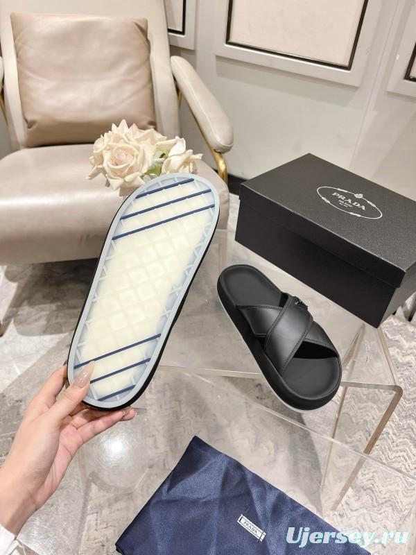 2025 Men Prada Black Leather Sandals KFY00220