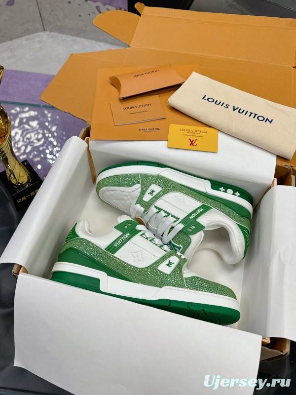 2025 Unisex Louis Vuitton Green White Leather Canvas Plimsolls Handcrafted Diamonds AS00400