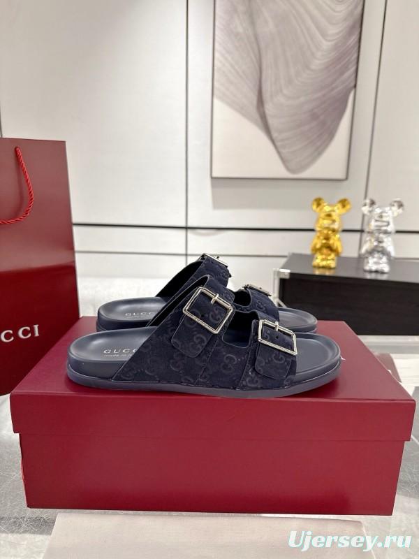 2025 Unisex Gucci Black Leather Fabric Slippers Double G Embossed AS00240