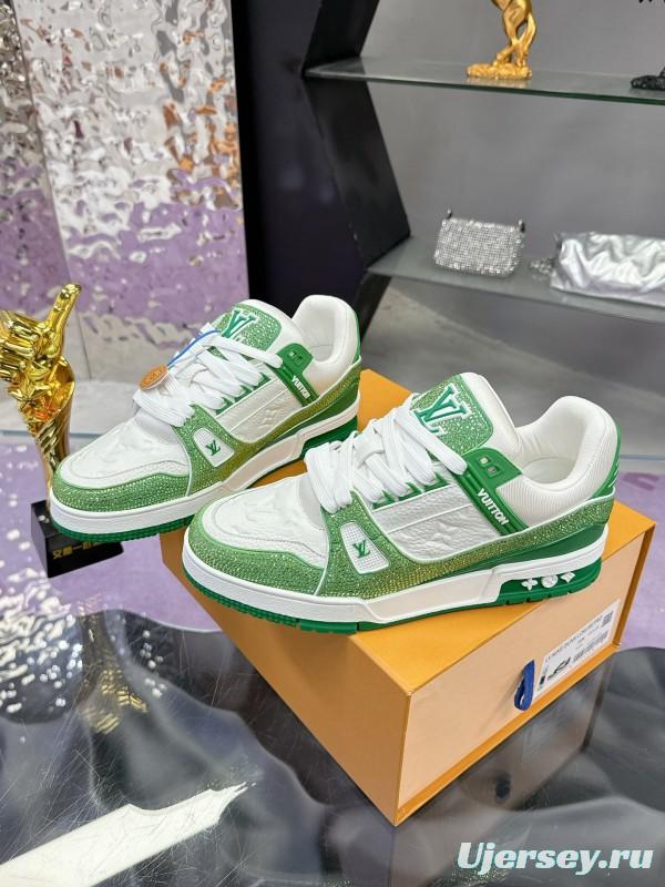 2025 Unisex Louis Vuitton Green White Leather Canvas Plimsolls Handcrafted Diamonds AS00400