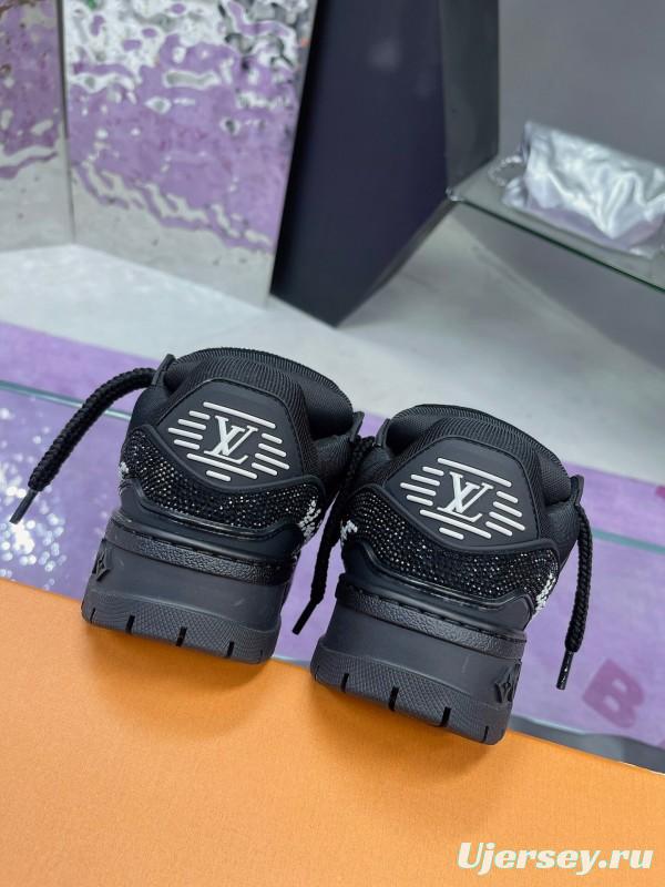 2025 Women Louis Vuitton Black Crystal Trainer Leather Plimsolls Bing Bing AS00420