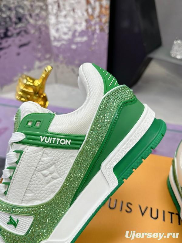 2025 Unisex Louis Vuitton Green White Leather Canvas Plimsolls Handcrafted Diamonds AS00400