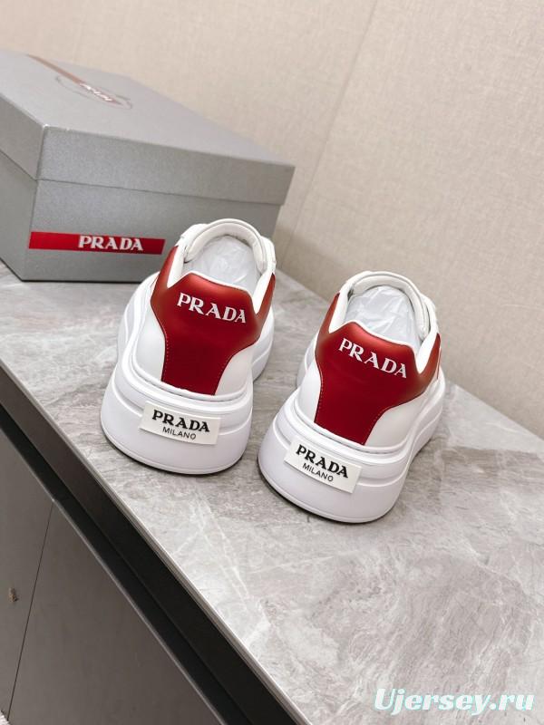 2025 Unisex Prada White Red Calf Leather Sneakers KFY00290