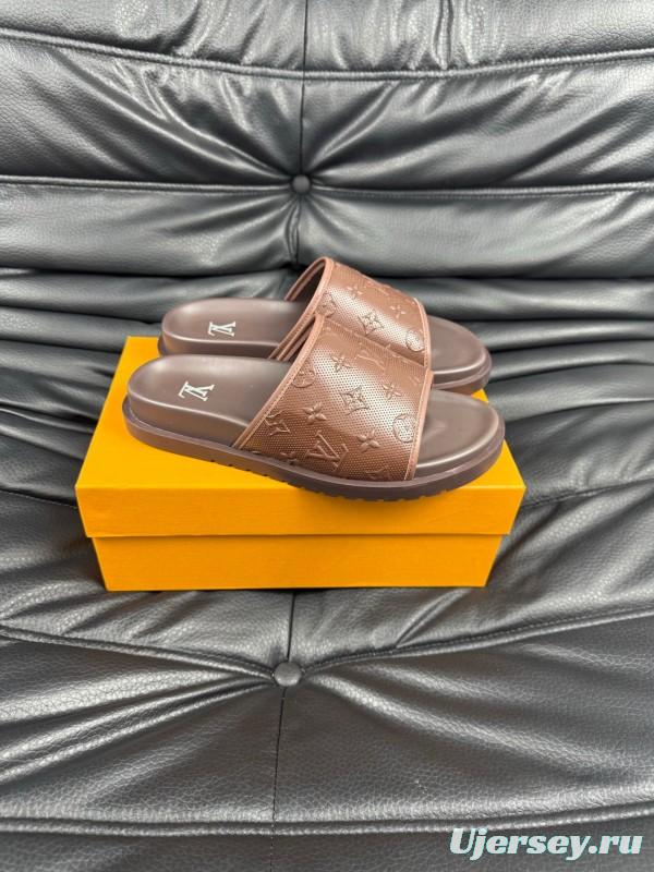 2025 Men Louis Vuitton Brown Leather Slippers AS00170