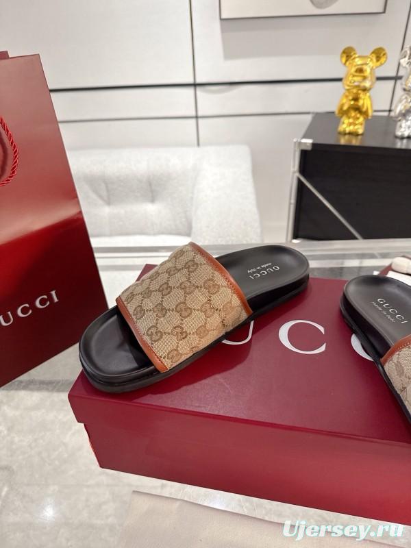 2025 Unisex Gucci Beige Brown Canvas Leather Slippers GG Embossed AS00240