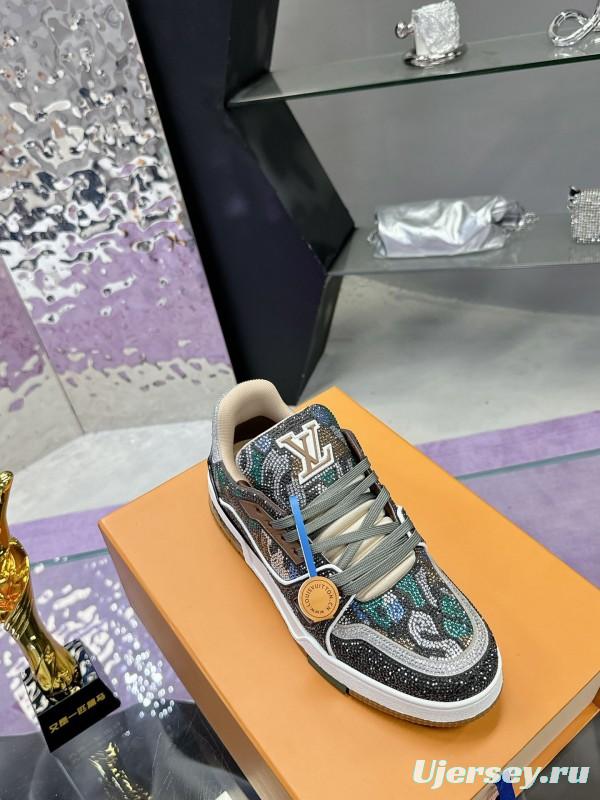 2025 Unisex Louis Vuitton Blue Grey Black Leather Fabric Sneakers Handcrafted Crystals AS00400