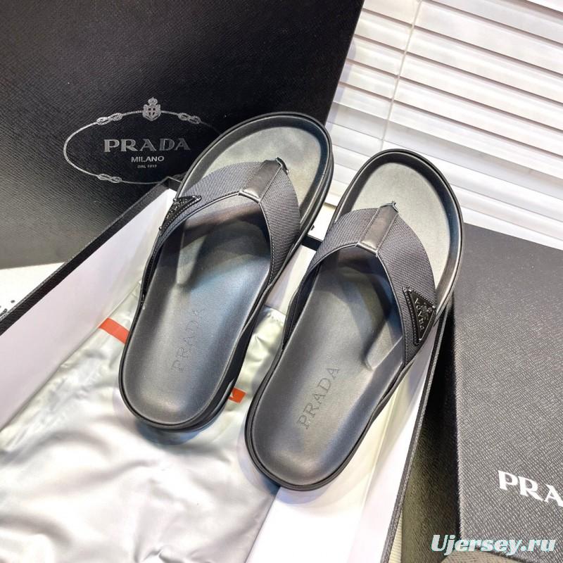 2025 Men Prada Black Fabric Leather Sandals Logo KFY00230