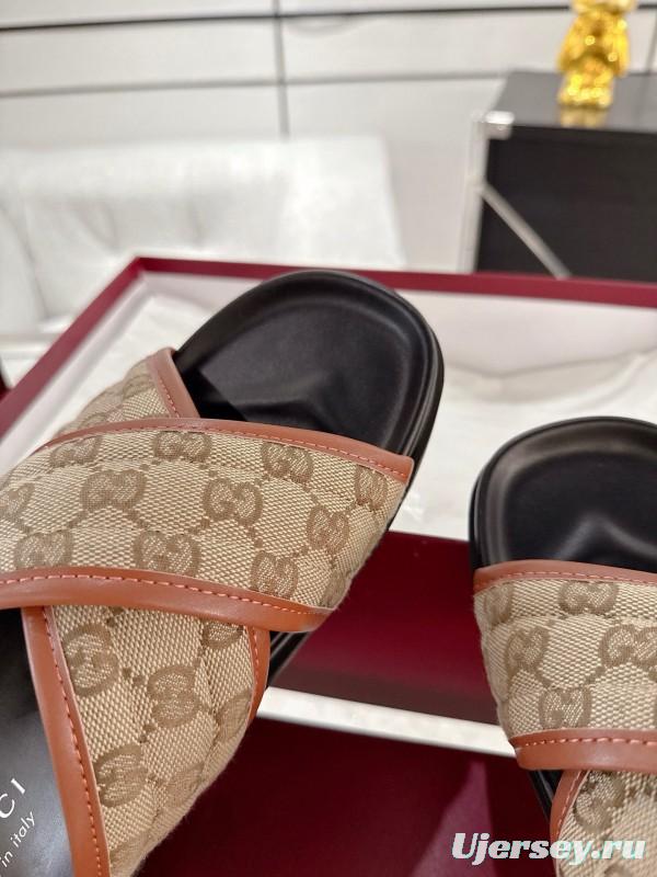 2025 Unisex Gucci Beige Brown Canvas Leather Slippers Double G Embossed AS00240