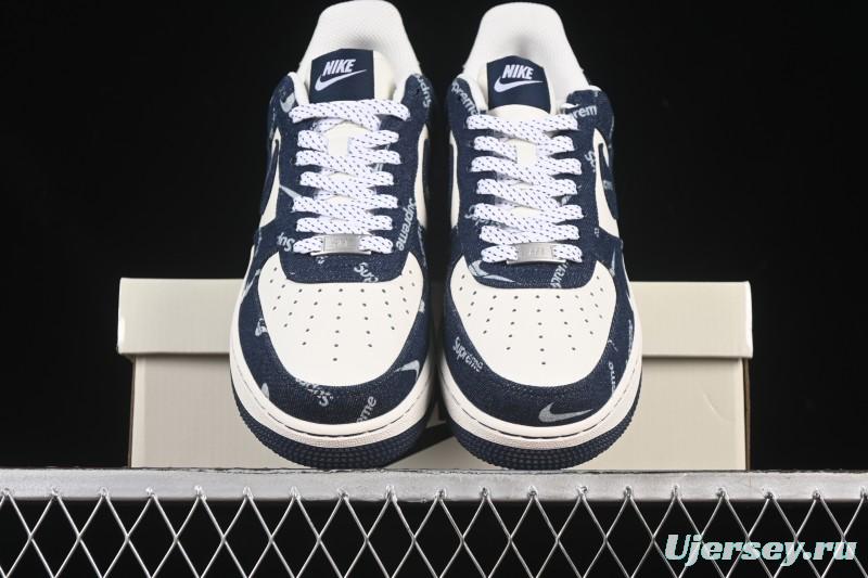 Nike Air Force 1 '07 Low Supreme Collaboration Blue Denim White Swoosh Casual Sneakers - LW9279-005