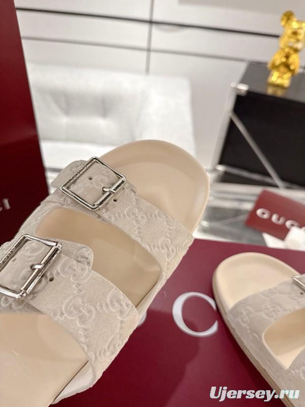 2025 Women Gucci White Leather Slippers Double G Embossed AS00240