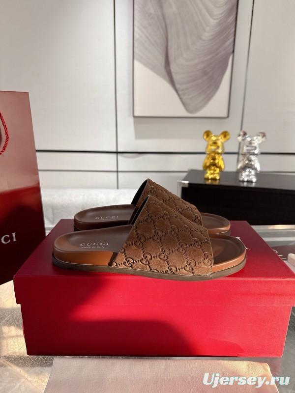 2025 Unisex Gucci Brown Leather Slippers Top Version AS00240