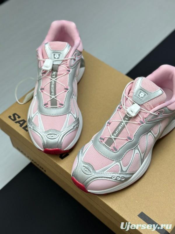 2025 Women SALOMON Pink White Leather Mesh Sneakers AS00320