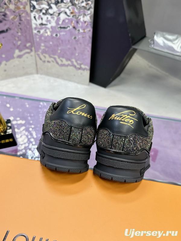 2025 Unisex Louis Vuitton Black Handmade Rhinestone Leather Fabric Plimsolls LV Trainer AS00400