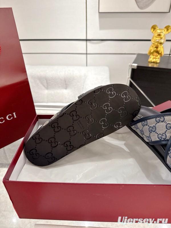 2025 Unisex Gucci Grey Black Canvas Slippers Double G Embossed AS00240