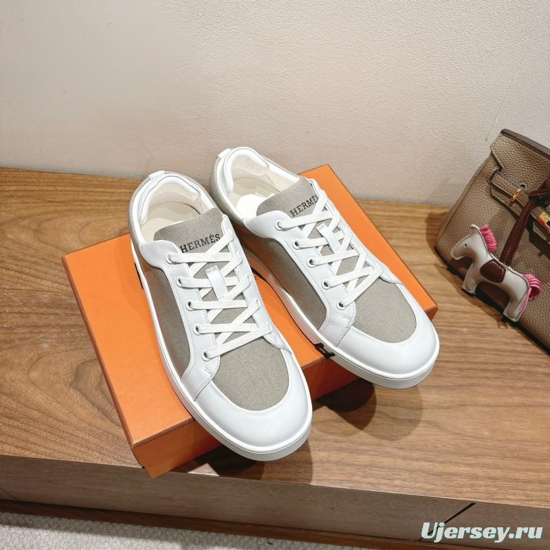 2025 Unisex Hermès White Light Grey Leather Fabric Sneakers AS00380