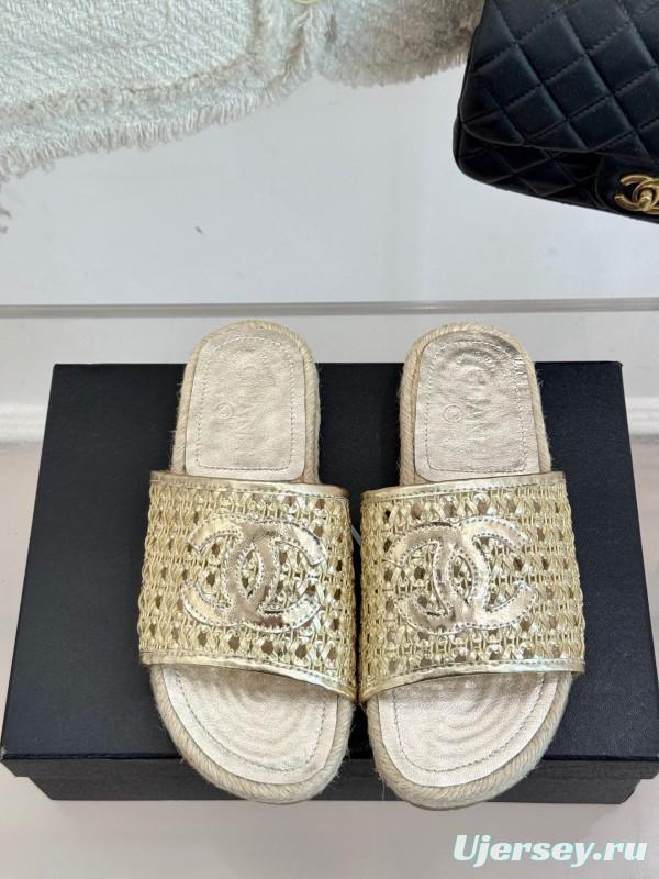 2025 Women Chanel Beige Custom Material Rope Sole Slippers Big CC Hollow Weave KFY00240