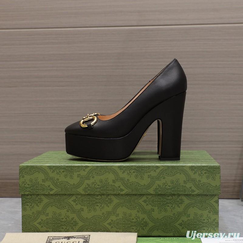 2025 Women Gucci Black Sheep Leather Platform Pumps KFY00320