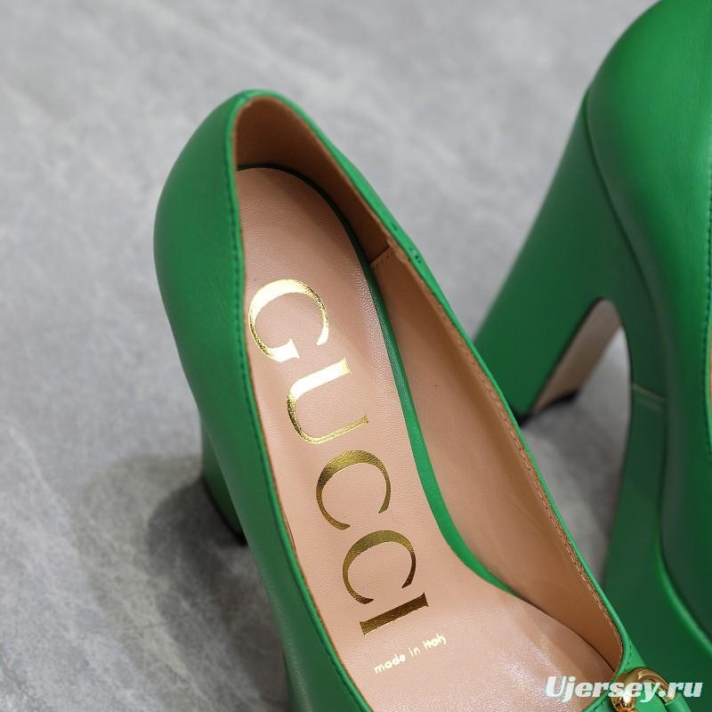 2025 Women Gucci Green Leather Platform Pumps KFY00320