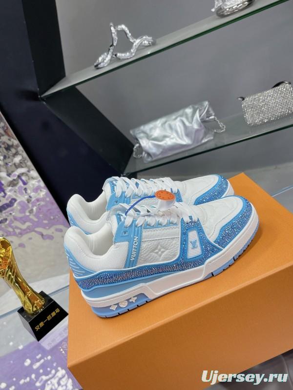 2025 Unisex Louis Vuitton Light Blue White Leather Denim Plimsolls Hand Drilled AS00400