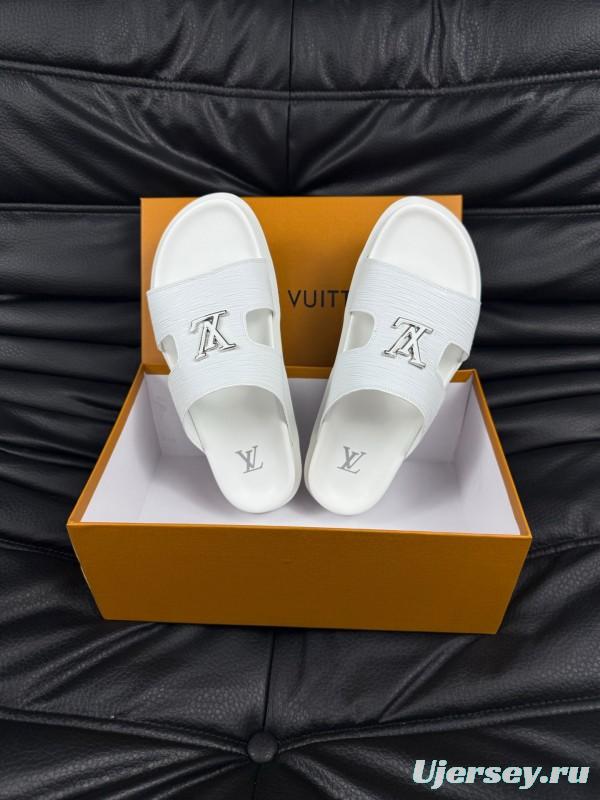 2025 Men Louis Vuitton White Leather Slippers AS00170