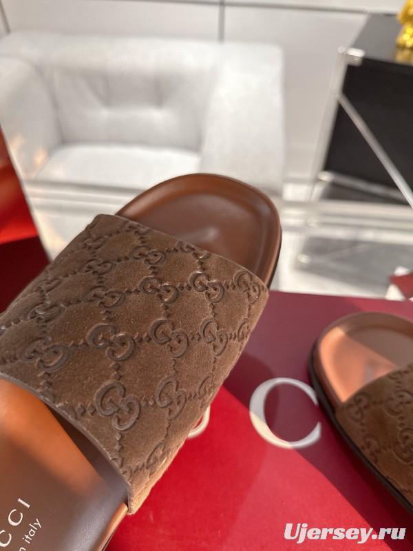 2025 Unisex Gucci Brown Leather Slippers Top Version AS00240