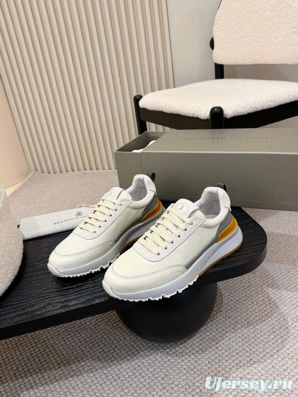 2025 Men Brunello Cucinelli Black Ivory Blue Almond Calfskin Leather Sneakers AS00320