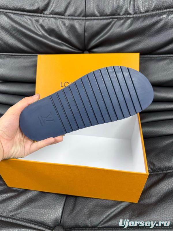 2025 Men Louis Vuitton Blue Leather Slippers AS00170