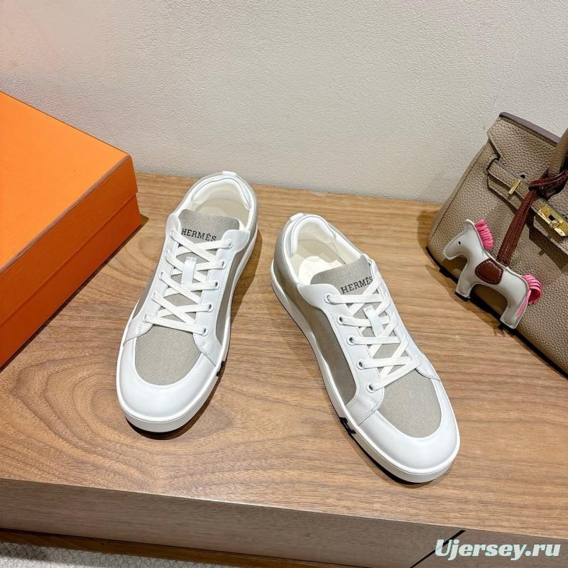 2025 Unisex Hermès White Light Grey Leather Fabric Sneakers AS00380