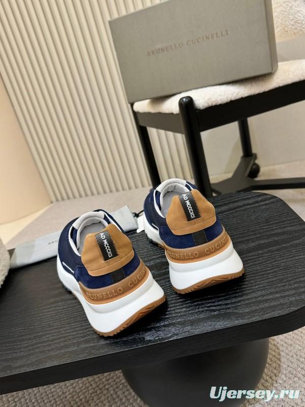 2025 Men Brunello Cucinelli Navy White Brown Calfskin Leather Sneakers AS00320