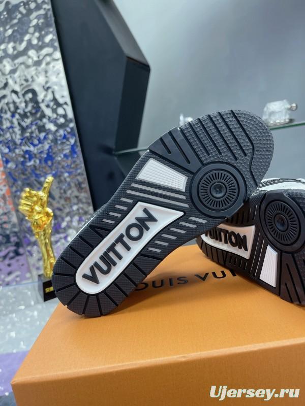 2025 Unisex Louis Vuitton White Black Leather Fabric Plimsolls Handcrafted Rhinestones AS00400