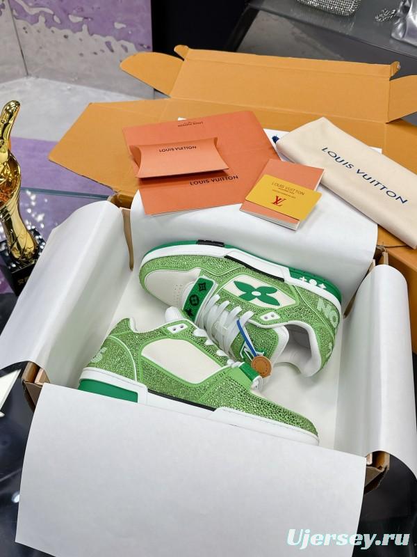 2025 Unisex Louis Vuitton Green White Leather Fabric Plimsolls Handmade Crystal Detailing AS00400