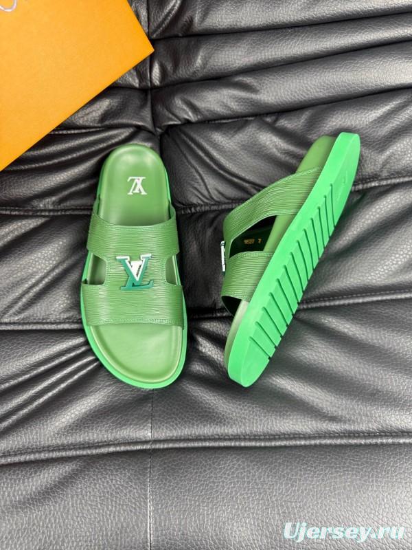 2025 Men Louis Vuitton Green Leather Slippers AS00170