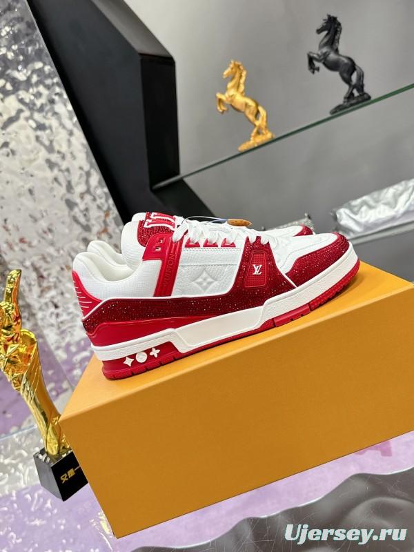 2025 Unisex Louis Vuitton Red White Leather Fabric Plimsolls Handmade Rhinestone AS00400