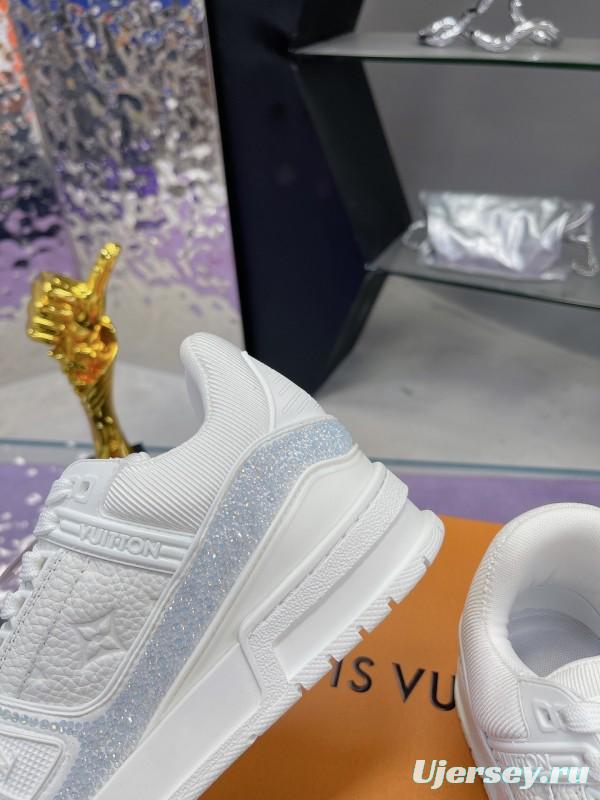 2025 Unisex Louis Vuitton White Leather Denim Trainers With Beads AS00400
