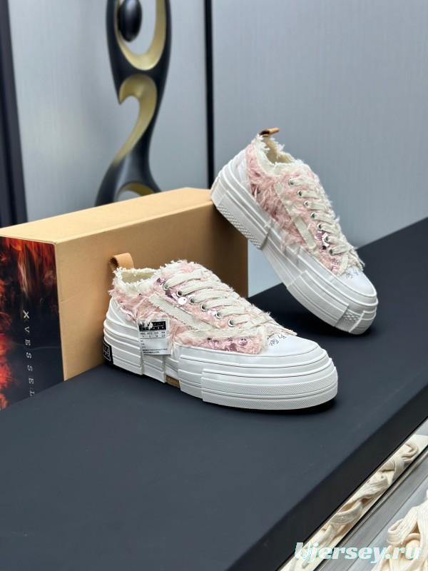 2025 Women XVESSEL Pink White Canvas Plimsolls Distressed AS00260