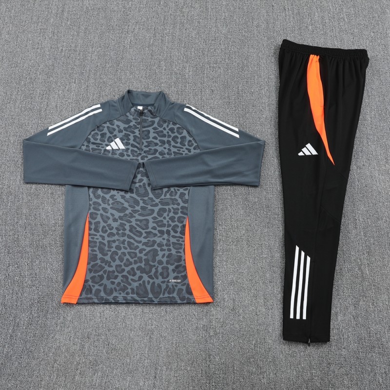 2025 Adidas Dark Grey & Black with Leopard Print Pattern and Orange Accents Half Zipper Jacket +Long Pants