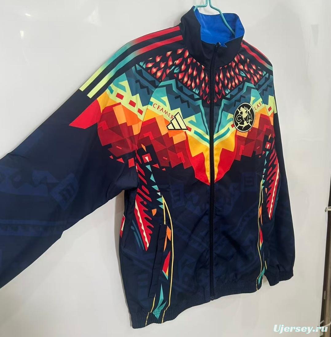 25/26 Club America Navy Blue with Aztec-Inspired Geometric Pattern Windbreaker