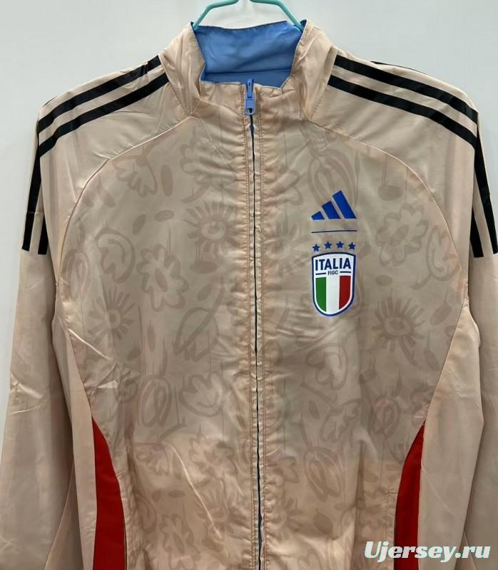 2025 Italy Light Blue/Beige with Floral Pattern Reversible Windbreaker