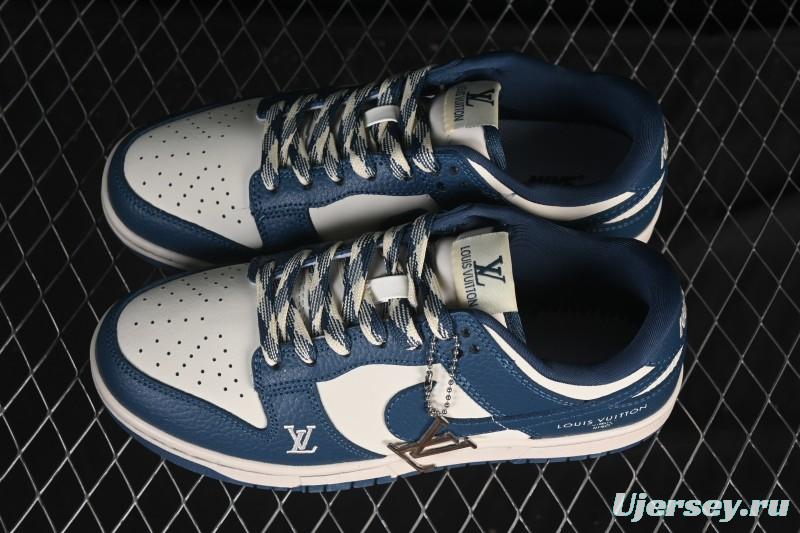 Nike SB Dunk Low LV Collaboration Light Gray Navy Blue High-End Custom Low-Top Casual Skate Shoes - SC0601-477