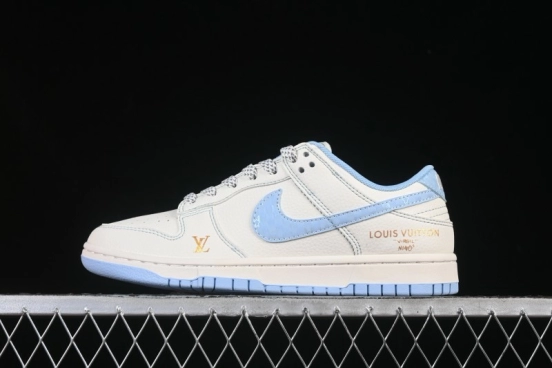 Nike SB Dunk Low LV Collaboration Off-White Ice Blue Gold Label Anniversary High-End Custom Low-Top Casual Skate Shoes - JP1628-005