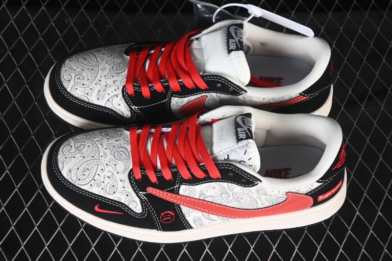 Nike Travis Scott x Fragment Design x Air Jordan 1 Low OG SP AJ1 Supreme Collaboration Floral Carving Red Hook Low-top Casual Sneakers - LD2025-035
