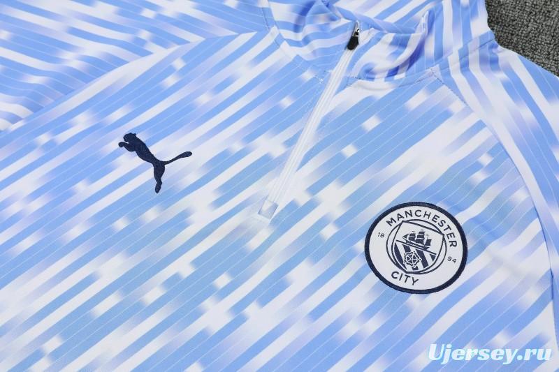 25/26 Manchester City White with Sky Blue Diagonal Stripes Half Zipper Jacket Tracksuit +Long Pants