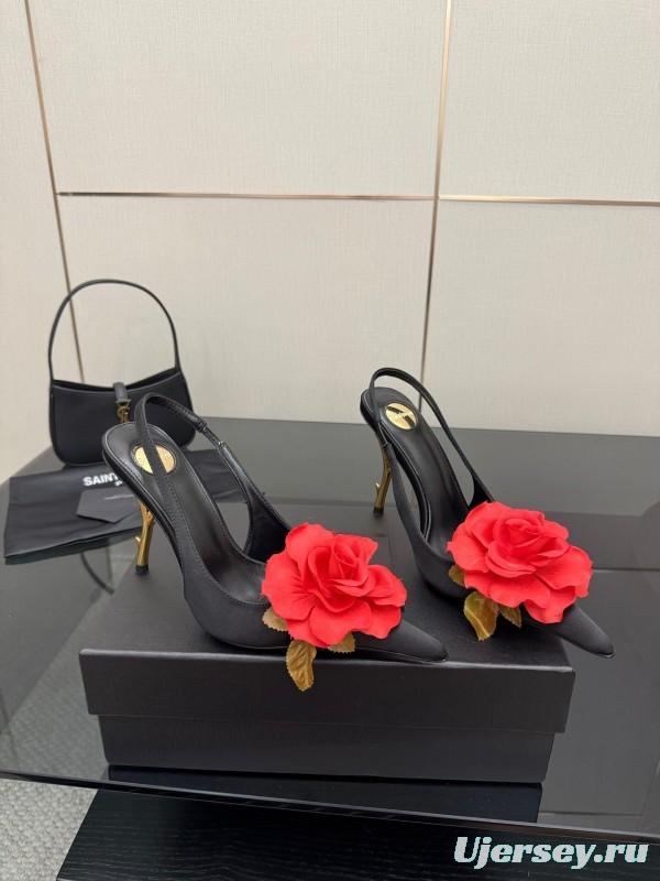 Saint Laurent 2025 SS Rose Thorn High Heels with Sculptural Gold Heel - KFY00320
