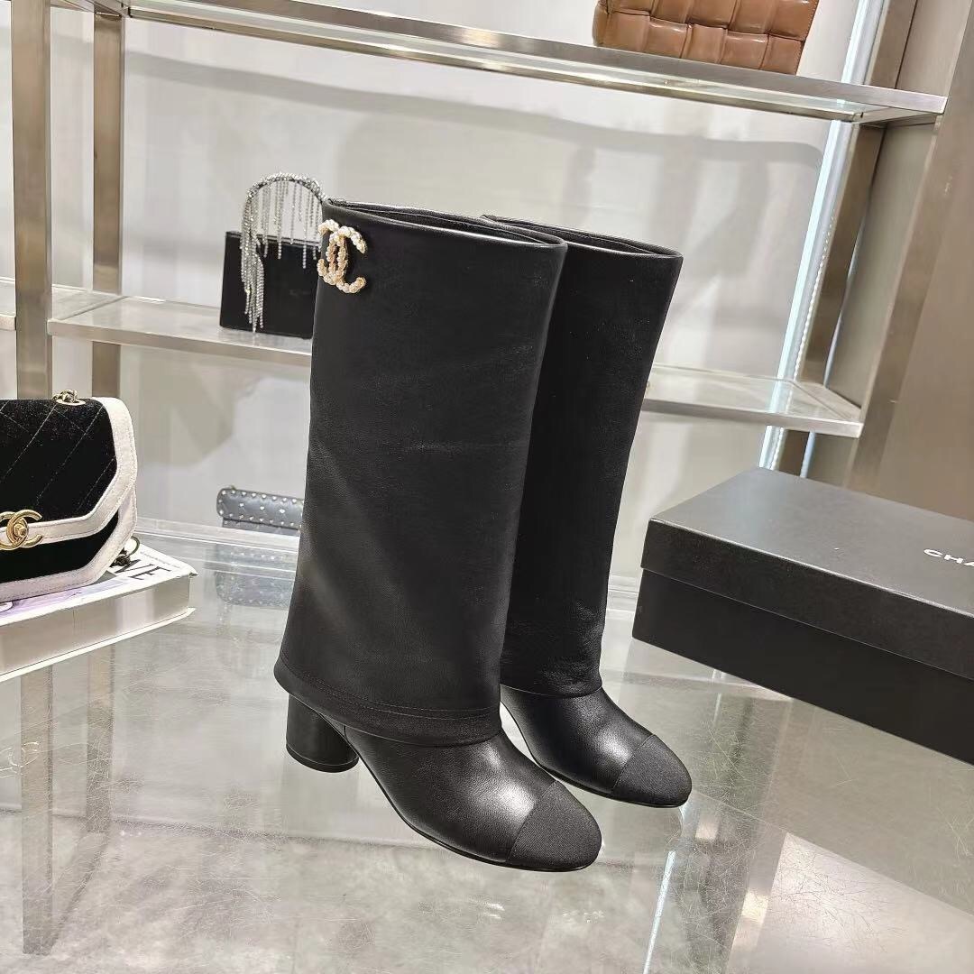 Chanel 2025/SS Autumn Winter Runway Turn-Cuff Block Heel Straight Tube Boots Classic Color Block - LY00510