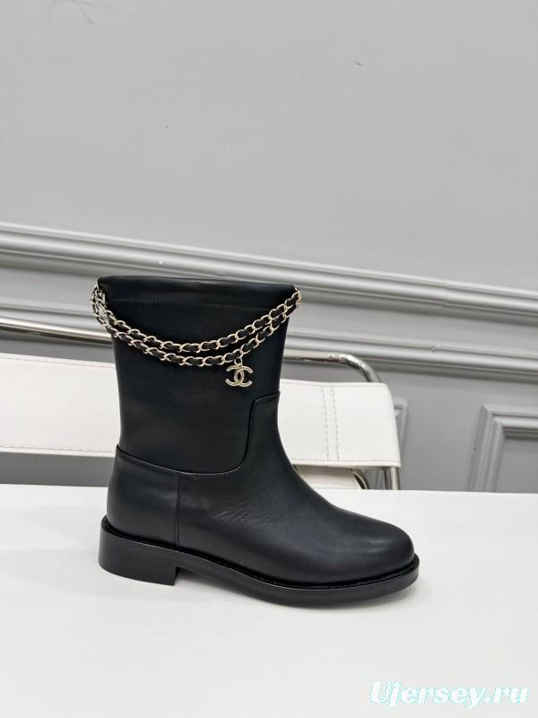 Chanel 2025 SS Quilted Leather Chain CC Flat Ankle Boots - LY00400