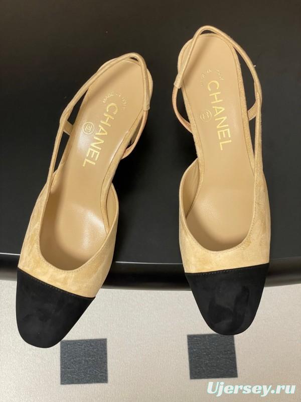 Chanel Sling-back Two-Tone Suede Slingback Sandals Flat/Block Heel - KFY00280