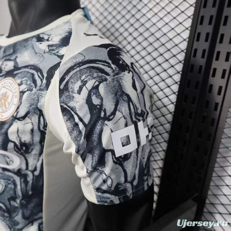 25/26 Player Version Manchester City White with Black Marble Abstract Art Pattern Jersey