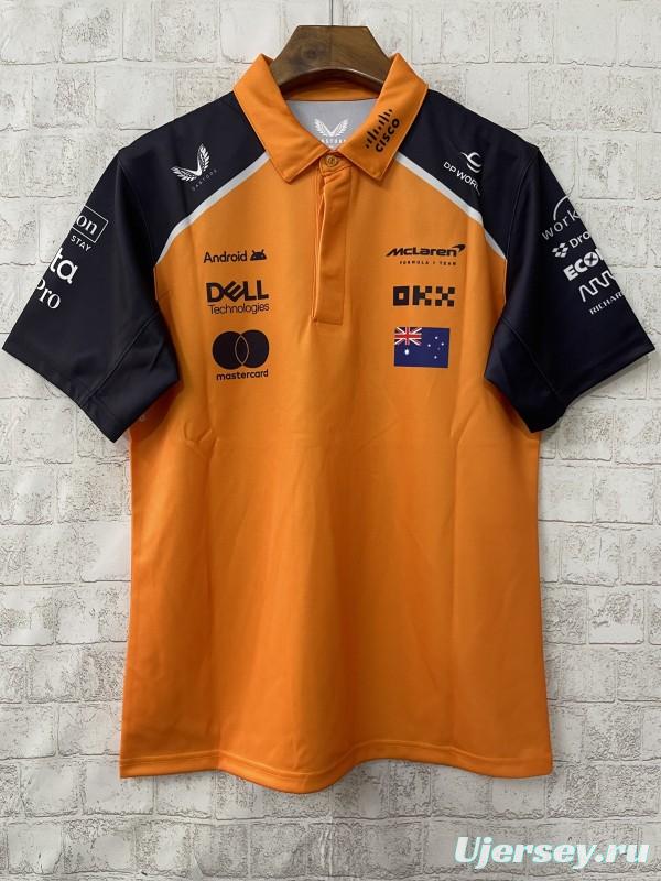 2026 F1 McLaren Racing Papaya Orange with Navy Blue Raglan Sleeves Polo Jersey